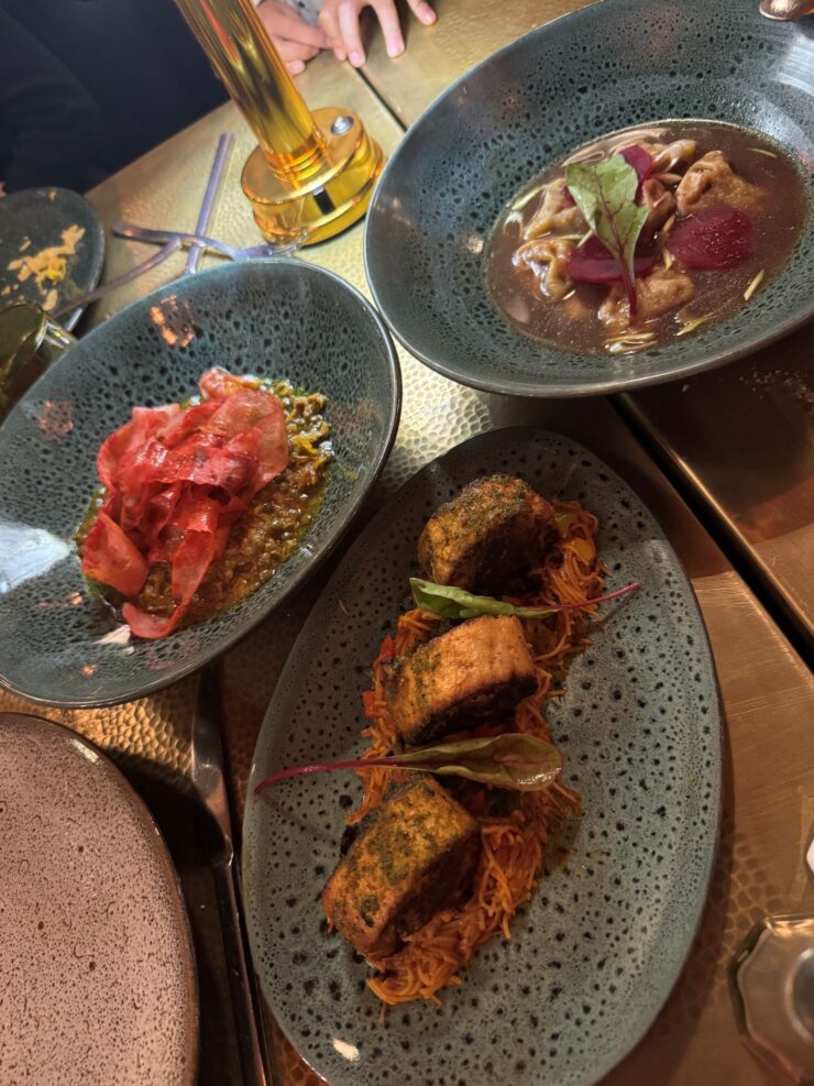 Ravioles de foie gras, roule de poulet, lentils at Le Bistro Arabe Marrakech Morocco