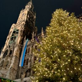 Marienplatz Christmas market next to the Christmas tree in December in Munich, Germany