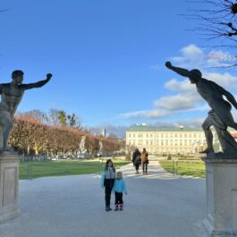 Winter family trip to visit Mirabell gardens, a Sound of Music scene location in Salzburg, Austria