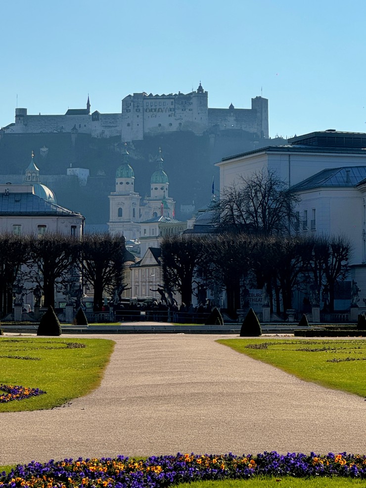 View of the old town and Fortress Hohensalzburg from Mirabell Gardens in Salzburg, Austria