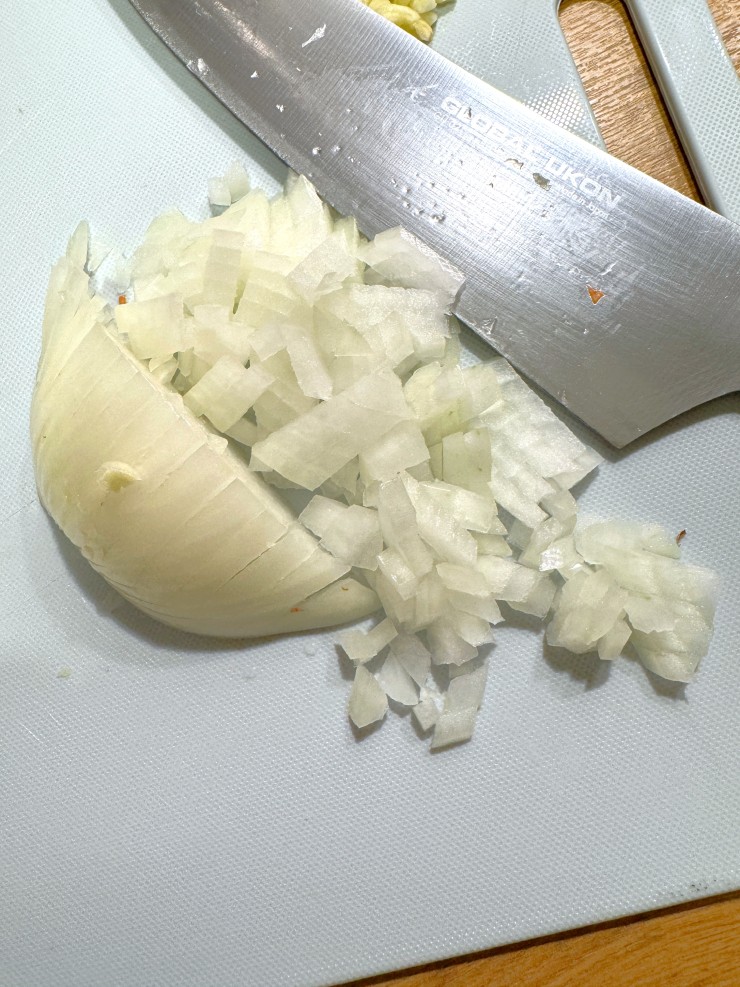 Small dice onion with the lattice approach for Perfect Portuguese White Rice