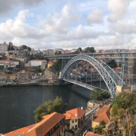 Views of the Douro river and Cais de Gaia in Porto, Portgual from the gondola teleferico