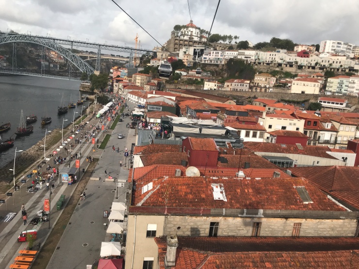 Views of the Douro river and Cais de Gaia in Porto, Portgual from the gondola teleferico