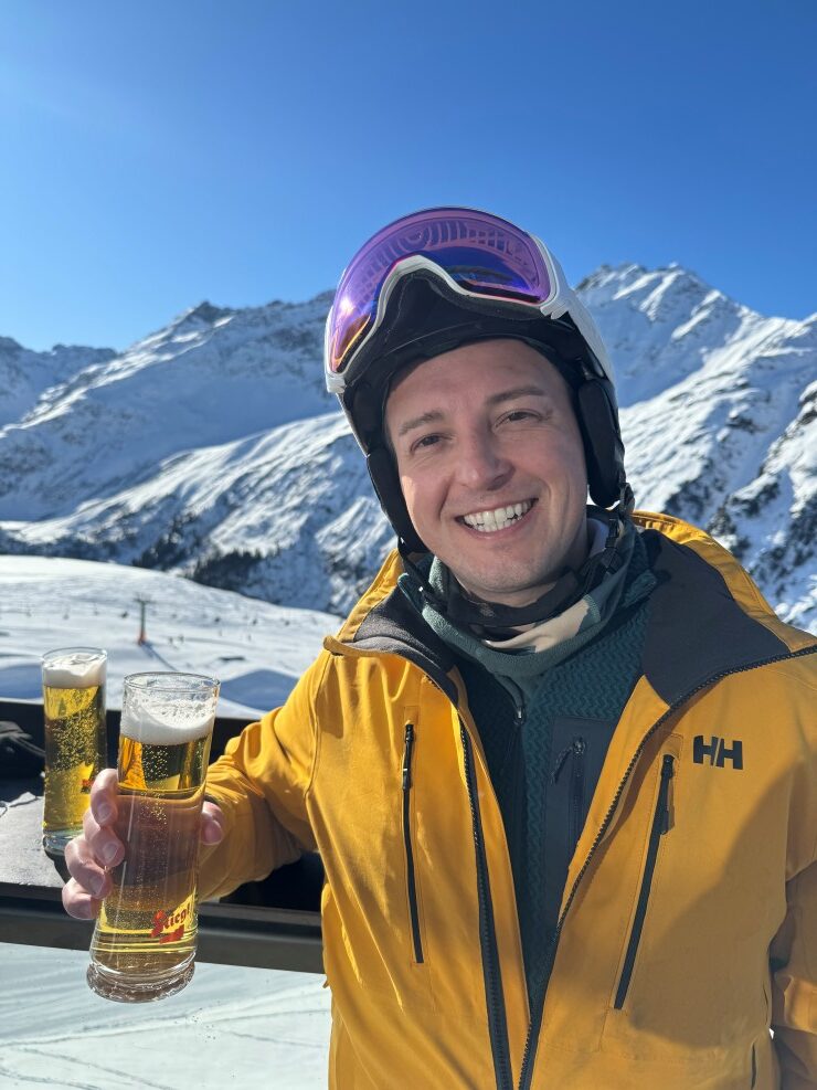 Taking a ski break at Rendl Beach bar to check out the big air terrain park at St. Anton ski resort in Austria