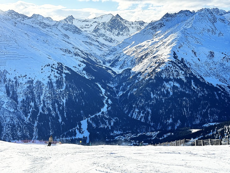 View from Kapall slopes of St Anton down to the valley floor in Austria