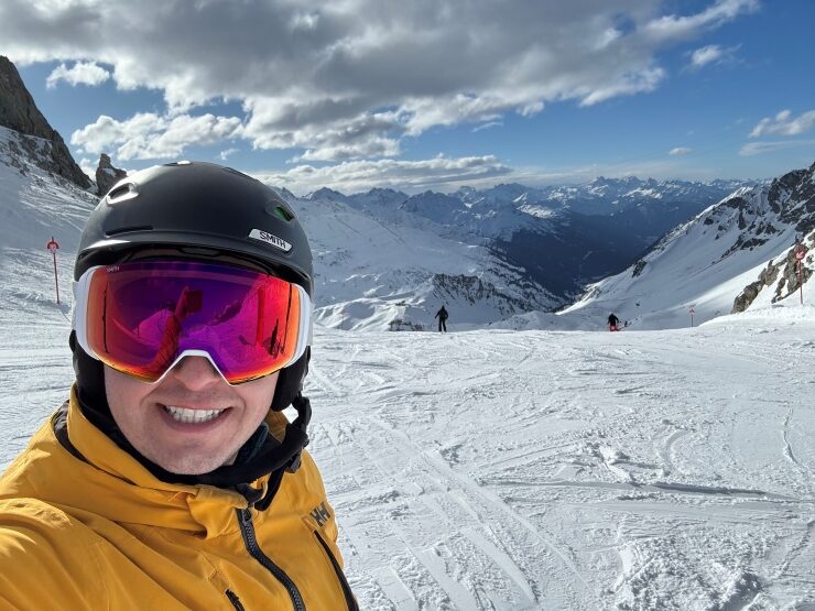 Looking out at the Austrian Alps from run 85 at St. Anton ski resort in Austria