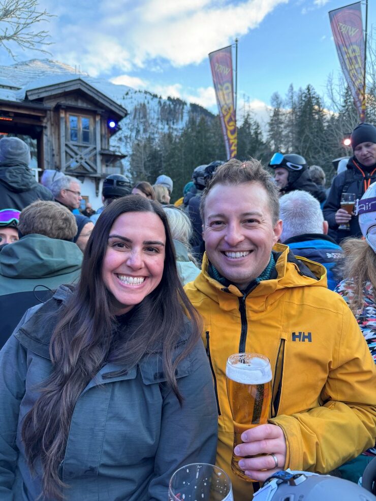 Us enjoying a lager beer bier during apres ski festivities at Mooserwirt in St. Anton, Austria