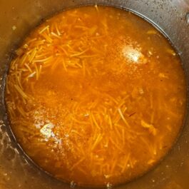 Fideo noodles in broth for a Spanish chicken noodle stew; Sopa de Pollo con Fideos