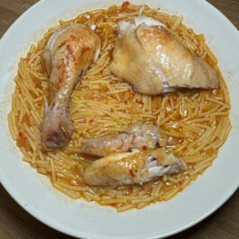 Spanish chicken noodle stew with Roast chicken and Fideo noodles; Sopa de Pollo con Fideos