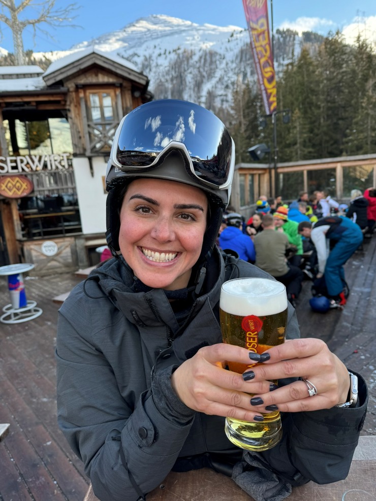 Enjoying a lager beer bier during apres ski festivities at Mooserwirt in St. Anton, Austria