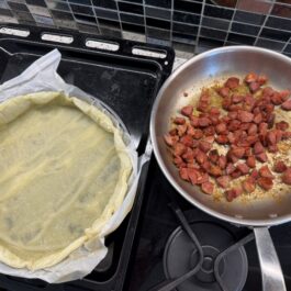 Cooking up the Portuguese chourico for the quiche.